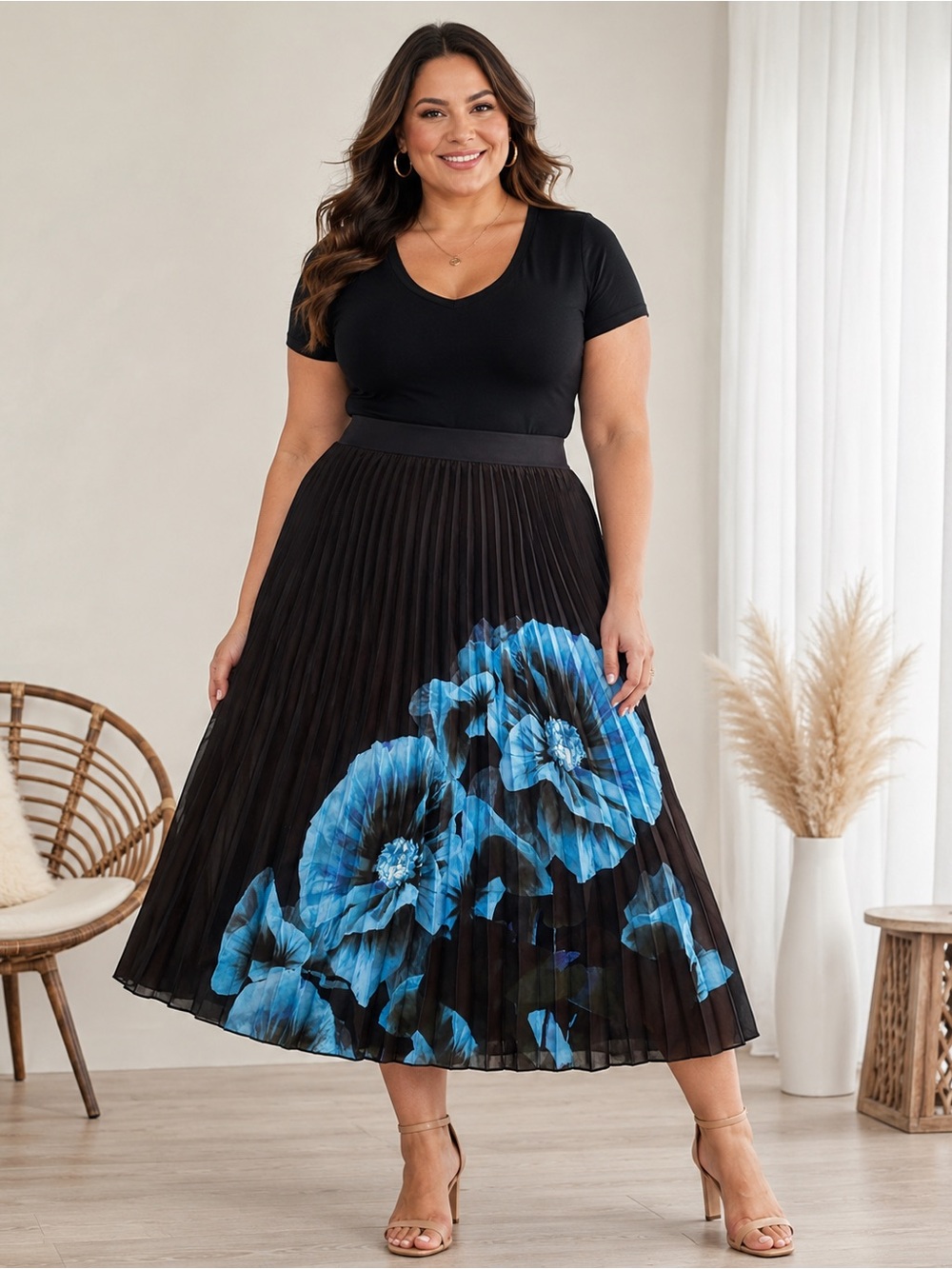 NWOT Joie Size Small Black Pleated Midi Skirt Blue Floral Print